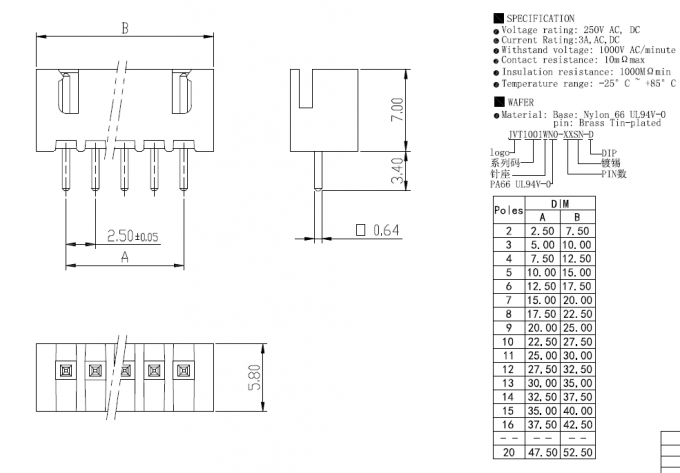 Vertical Type Wafer Tin Plated Wire to Board Connector 2.5mm Pitch 3 Pin DIP